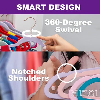 MIZGI Premium Velvet Hangers (50 Pack) Heavy Duty - Non Slip Felt Hangers - Blush Pink - Rose Gold 360 Degree Swivel Hooks,Space Saving Clothes,Durable Strong for Suits,Coats,Dress