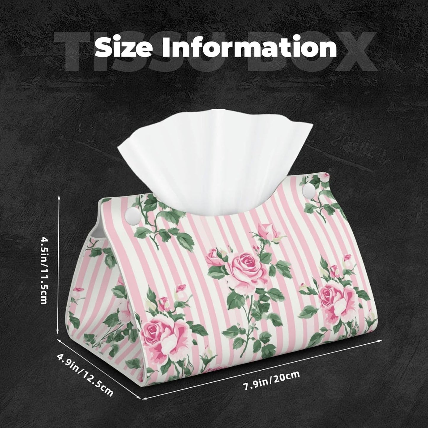Pink Striped Rose Pattern Tissue Box Cover Rectangle Pu Leather Tissue Box Holder for Car Bathroom Bedroom Desk Tabletop Decor