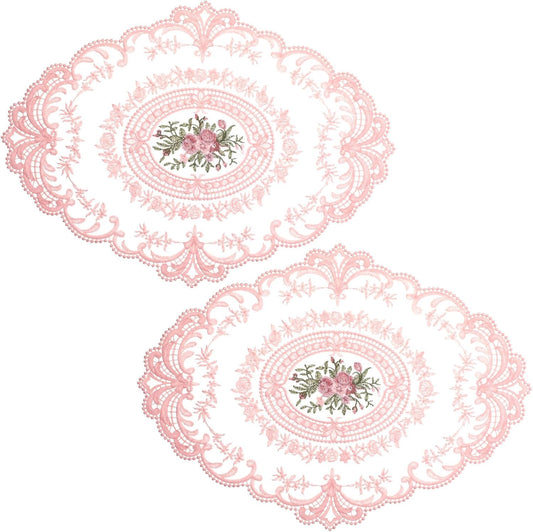 2Pcs Pink Retro Lace Placemats, 12'' x 16'' French Lace Doilies for Tables Oval Embroidered Table Place Mats Farmhouse Coasters Cup Mat for Wedding Home Table Decor (Pink)