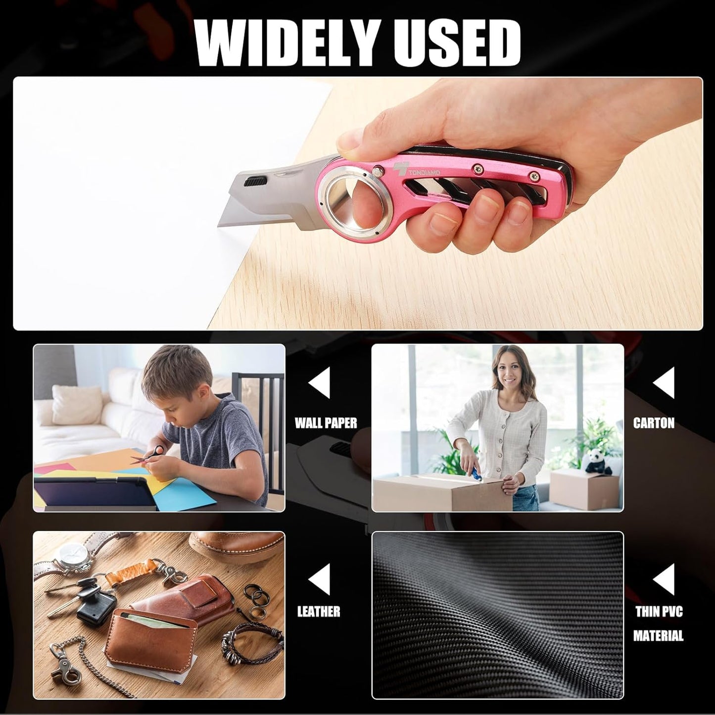 Tondiamo 2 Pcs Folding Pocket Utility Knife Heavy Duty Box Cutter Folding Razor Knife with Anti Slip Finger Loop Easy Change Blades 3 Lock Positions Design (Pink)