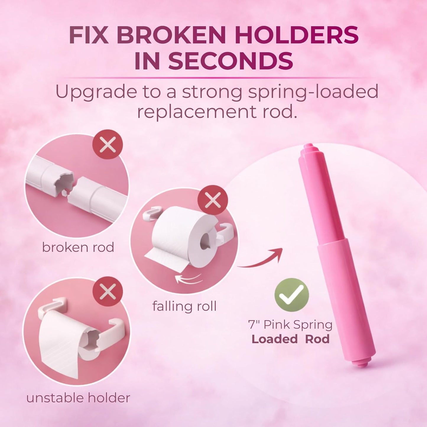 Toilet Paper Roller Holder (7 Inch) Pink - Plastic (Spring Loaded) Replacement Spindle Rod - Roll Extender fits Extra Large Bathroom Tissue Rolls