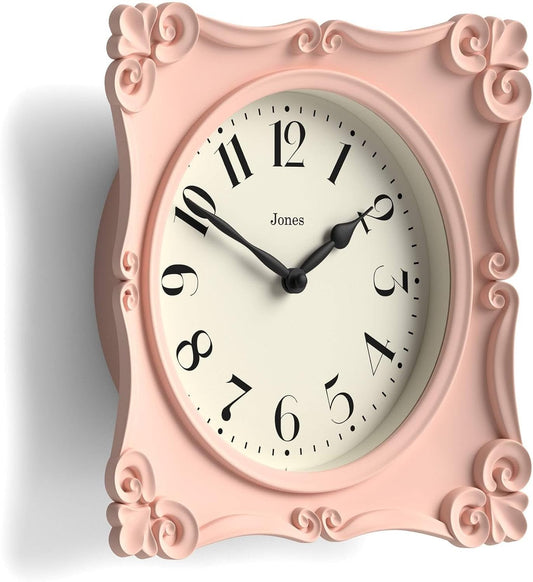 JONES CLOCKS® Rialto Wall Clock | Ornate Vintage Style Square Clock | 10 inch | Pink | Ideal for The Living Room or Bedroom