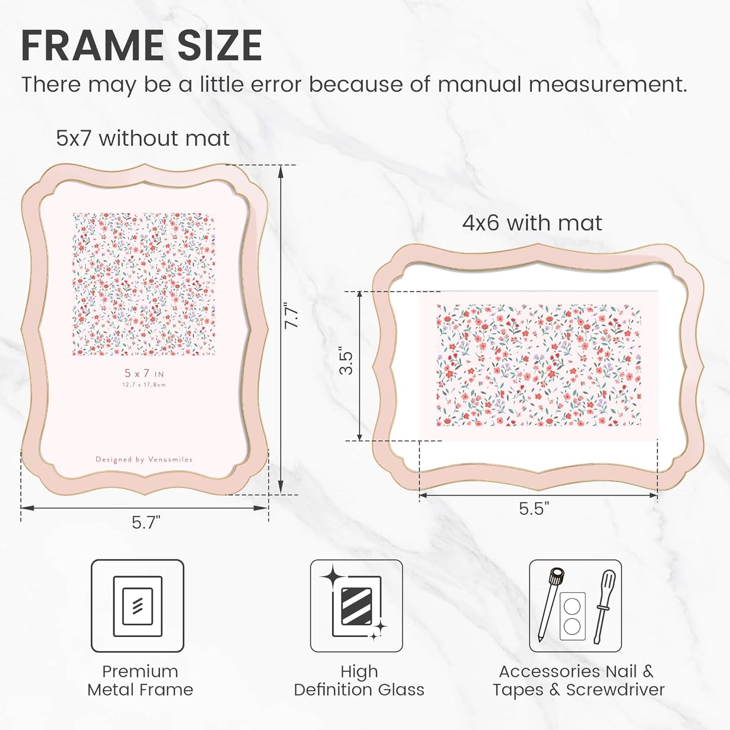 Venusmiles 5x7 Enamel Picture Frame with Mat to 4x6, Wavy Cloud Border, Gold Metal Edge Easel, Real Glass Photo Frame for Wall and Tabletop Display Family Office Photo Gallery, Pink Enamel/1pc