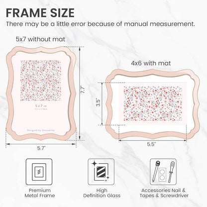 Venusmiles 5x7 Enamel Picture Frame with Mat to 4x6, Wavy Cloud Border, Gold Metal Edge Easel, Real Glass Photo Frame for Wall and Tabletop Display Family Office Photo Gallery, Pink Enamel/1pc