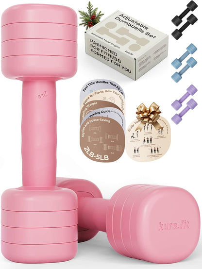 Pink Adjustable Kettlebell 5lb to 12lb Adjustable Dumbbell Set 2lb to 5lb and Pilates Kit Bundle