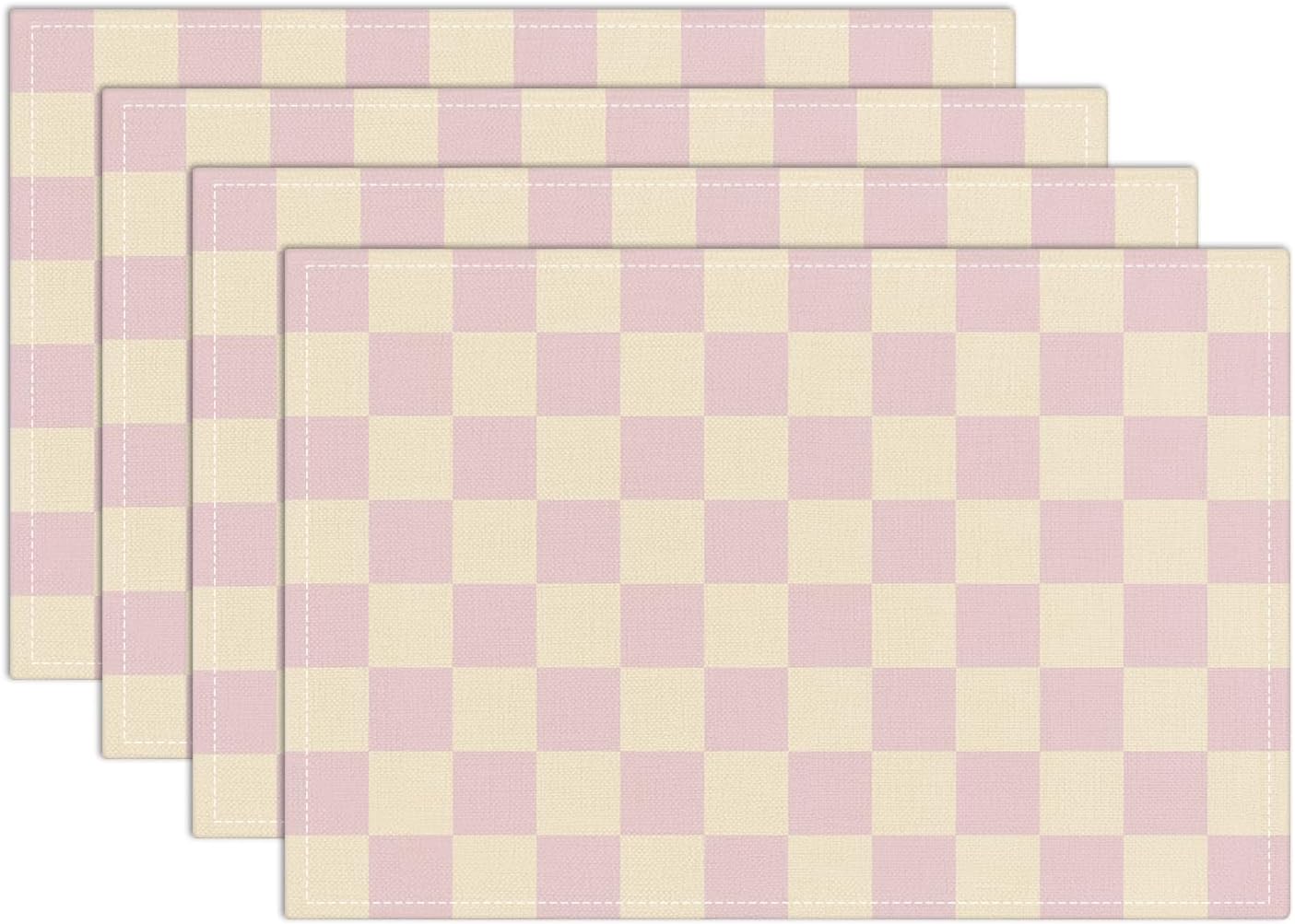 Pink Beige Checkered Mats Set of 4 Waterproof Placemats, Washable Placemats, Heat Resistant Non-Slip Place Mats for Indoor Outdoor Decoration, Dinner Kitchen Wedding Party Holiday Décor-13
