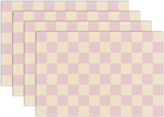 Pink Beige Checkered Mats Set of 4 Waterproof Placemats, Washable Placemats, Heat Resistant Non-Slip Place Mats for Indoor Outdoor Decoration, Dinner Kitchen Wedding Party Holiday Décor-13