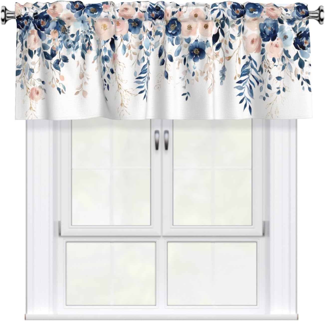 Navy Blue and Pink Floral Valances for Windows Watercolor Blooming Flower Kitchen Curtain Farmhouse Style Sheer Valance for Bedroom Living Room 54x18 Inch, 1 Panel