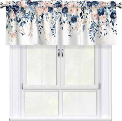 Navy Blue and Pink Floral Valances for Windows Watercolor Blooming Flower Kitchen Curtain Farmhouse Style Sheer Valance for Bedroom Living Room 54x18 Inch, 1 Panel