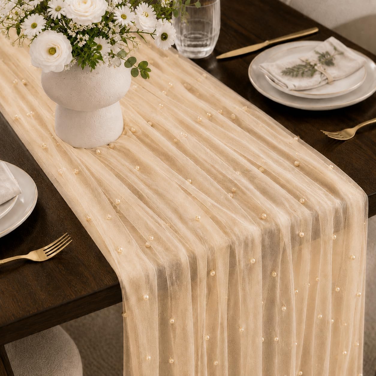 Light Apricot Pearl Table Runner 120 Inches Boho Rustic Tulle Lace Table Runner for Wedding Birthday Baby Shower Home Dining DIY Craft Decor