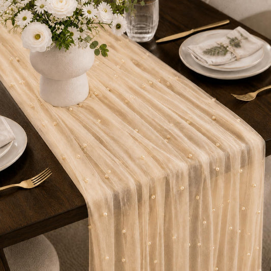 Light Apricot Pearl Table Runner 120 Inches Boho Rustic Tulle Lace Table Runner for Wedding Birthday Baby Shower Home Dining DIY Craft Decor