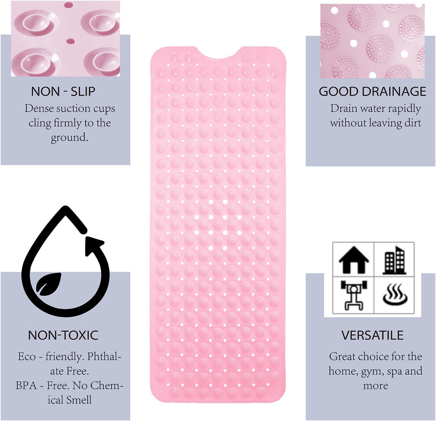 Non-Slip Bath Tub Mat, Extra Large 40x16 Inch Shower Mat with Suction Cups & Drain Holes, Quick Dry Soft Mat for Bathroom Floor Safety, Massage Style, Pink