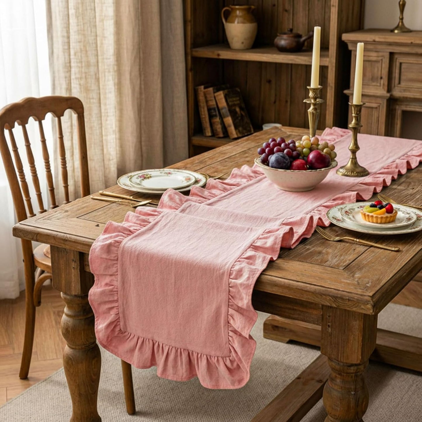 HunnmingRe Pink Ruffled Table Runner 72 inch Scalloped Table Runner Cotton Flounces Washable Shabby Farmhouse Rustic Home Kitchen Decoration for Wedding Rectangle Bride Shower Christmas Party