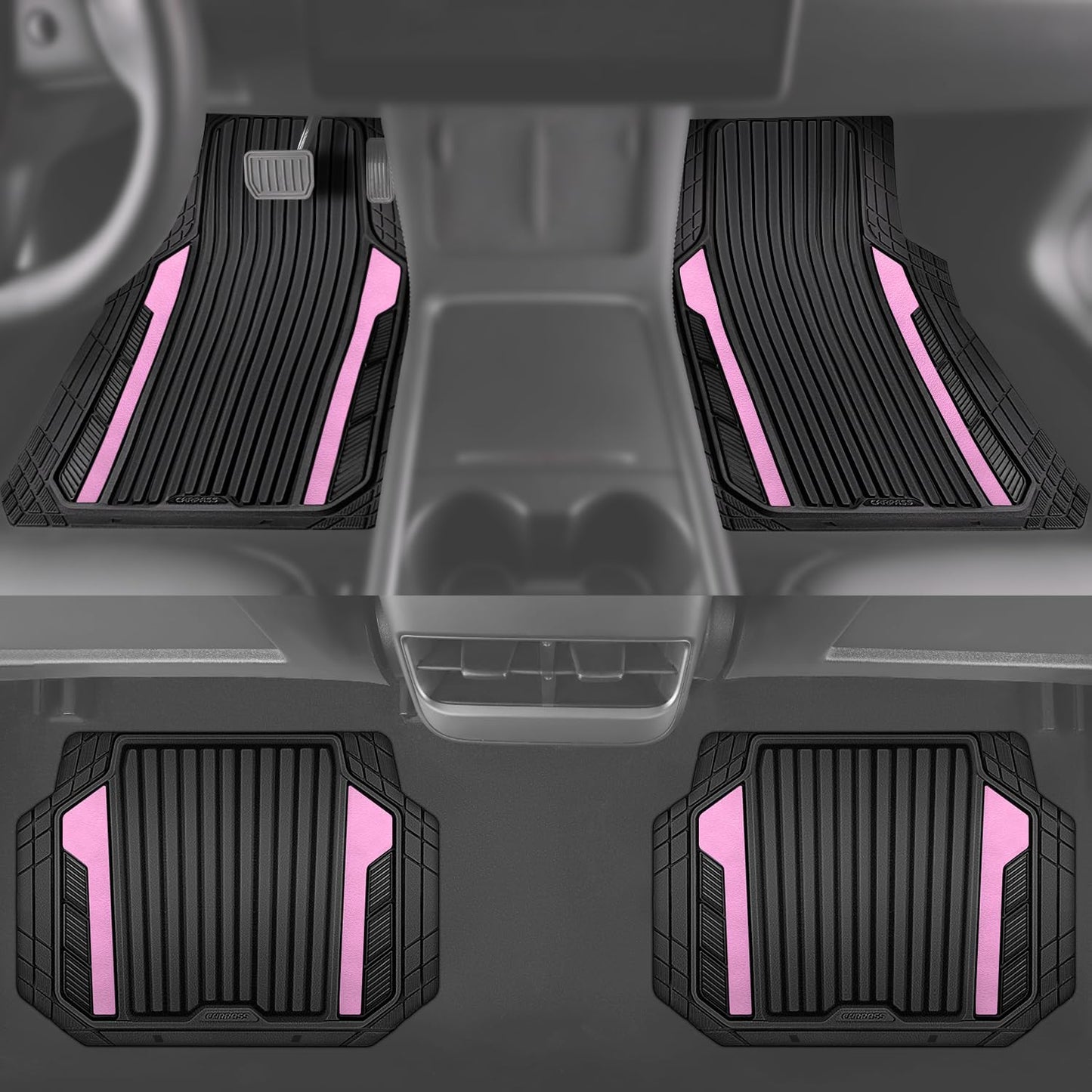 CAR PASS Heavy Duty Rubber Car Mats Metallic, Aluminum Film Cute All Weather Floor Mats Waterproof Universal Trim to Fit for SUV Sedan Van 4 Piece Deep Dish Two-Tone Sporty Black Light Pink Chrome