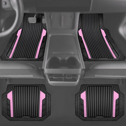CAR PASS Heavy Duty Rubber Car Mats Metallic, Aluminum Film Cute All Weather Floor Mats Waterproof Universal Trim to Fit for SUV Sedan Van 4 Piece Deep Dish Two-Tone Sporty Black Light Pink Chrome