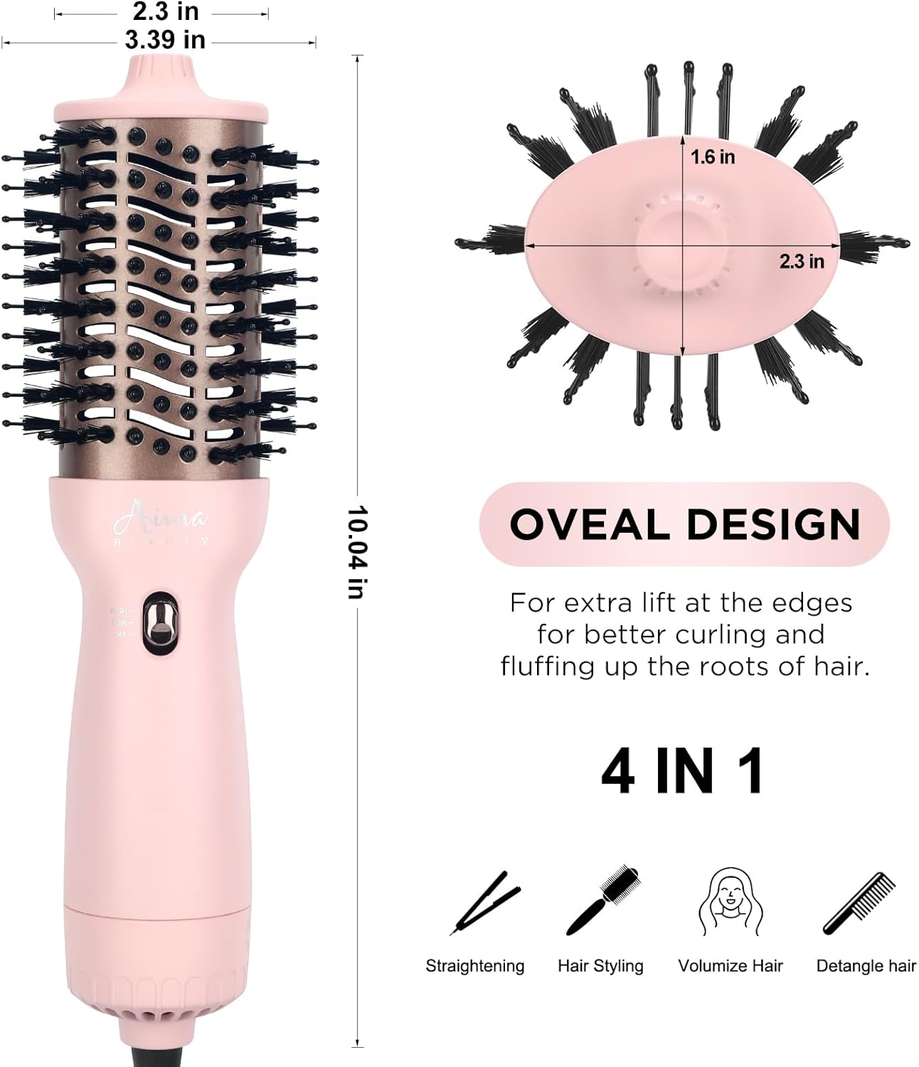 Aima Beauty Travel Hair Dryer Brush Dual Voltage Blow Dryer Brush Hot Air Brush with Oval Barrel 360°Airflow for Smooth, Negative Ionic Frizz-Free Drying/Straightening/Voluming, Pink