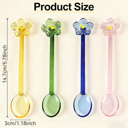 1 Pieces Glass Flower Coffee Spoons, 5.8 Inch Floral Design Drink Juice Stirring Spoon Ice Cream Salad Dessert Fruit Scoop Teaspoons Cocktail Stirrer for Home Bar Party Cafe (Pink)