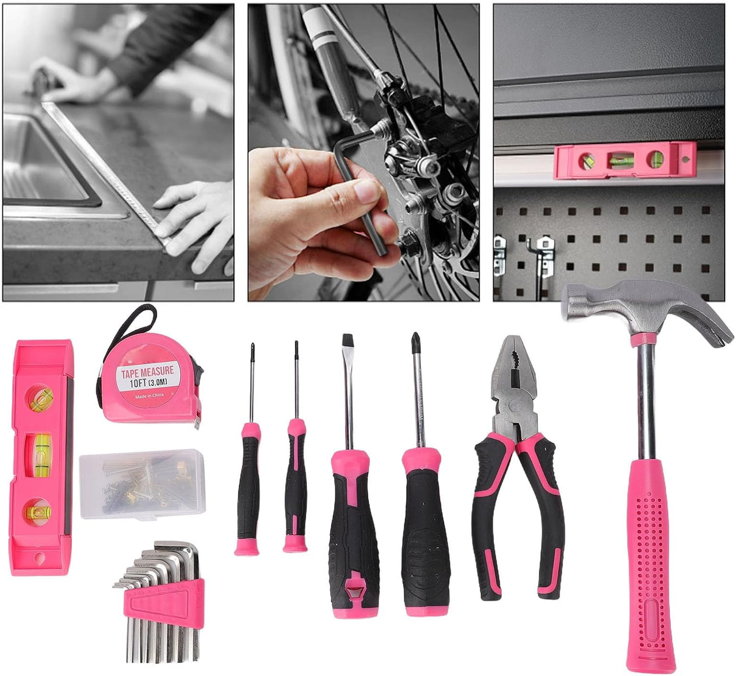 YWBL-WH 18 Piece Pink Home Repair Tool Kit, Ergonomic NonSlip Handles, Carbon Steel Heads, Essential Tools for Women DIY Household Projects (18Pcs)