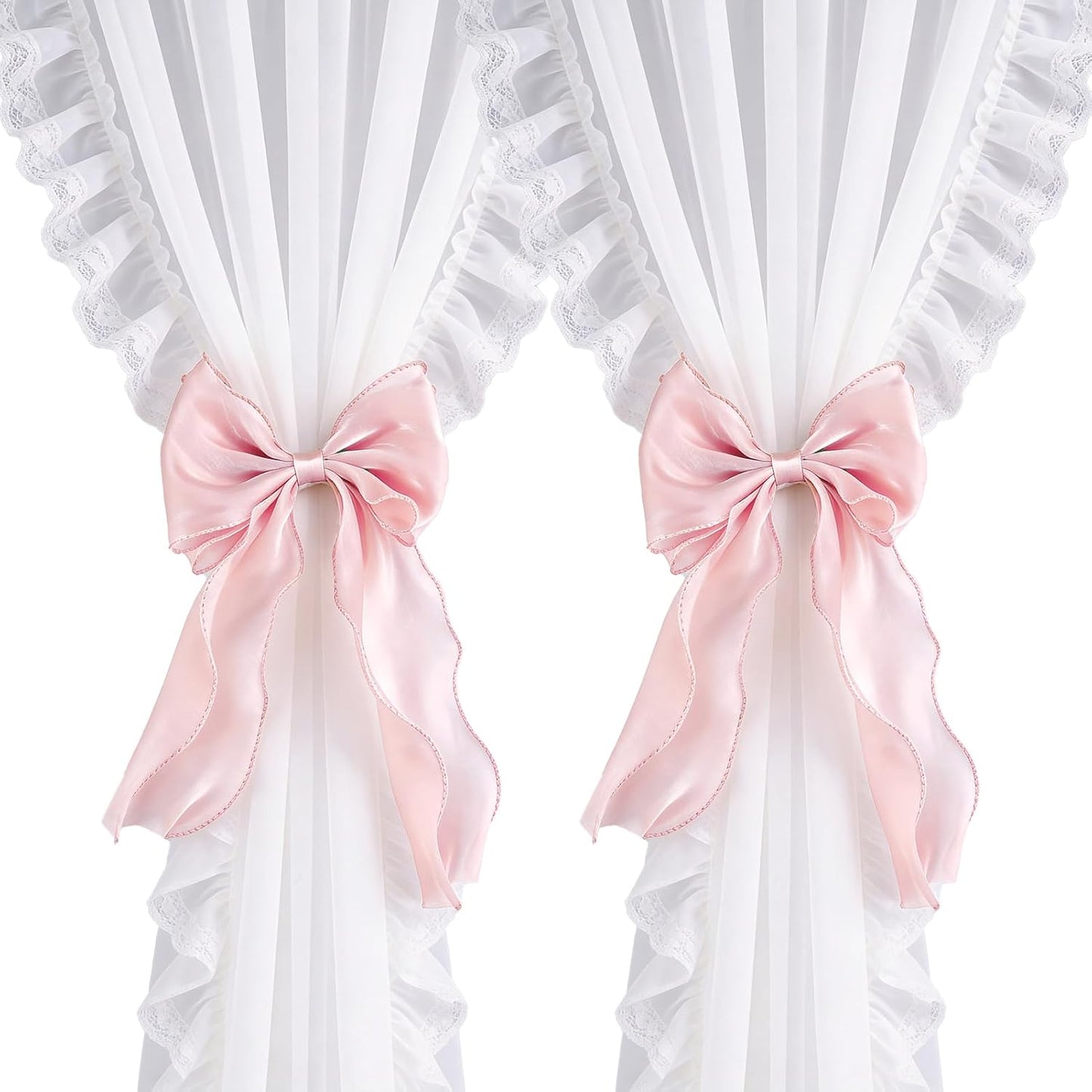 2PCS Silky Bow Curtain Holdersbacks Elegant Lace Bow Curtain Holders for Curtains Decorative,Pink