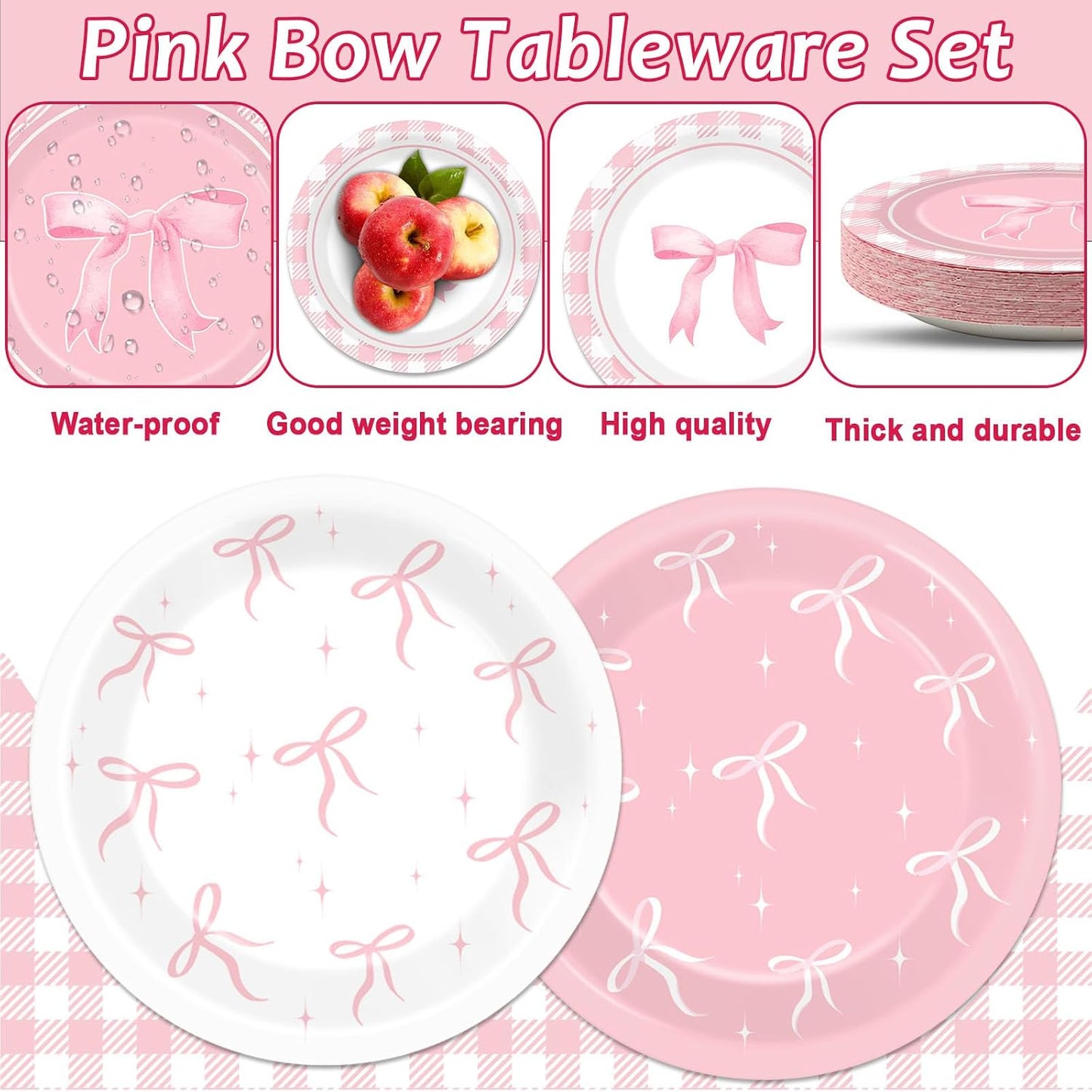 96pcs Pink Bow Party Supplies Bow Birthday Party Plates and Napkins Pink Bows Decorations for Girl Bachelorette Bridal Engagement Baby Shower Cute Tableware Dinnerware Serves 24 Guests