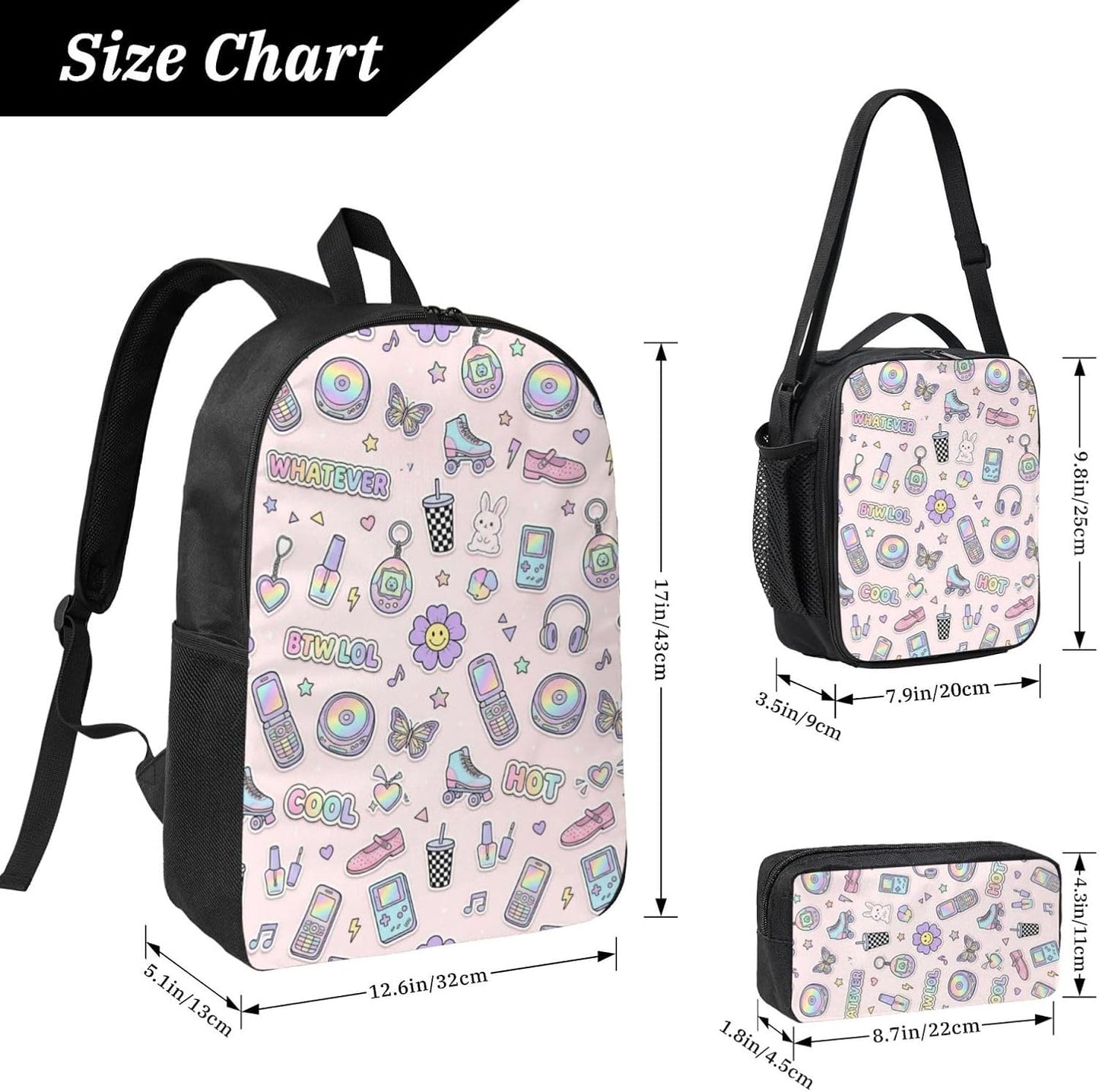 Y2K Pastel Sticker Flip Phone Roller Skate Butterfly Light Pink Seamless Pattern 17 Inch 3Pcs Backpack Set, 600D Oxford Cloth Travel Backpack, Insulated Lunch Bag & Pencil Pouch