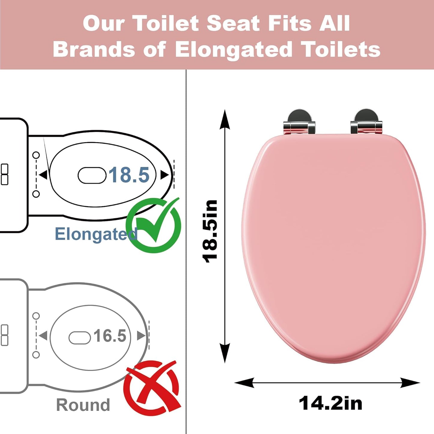 Elongated Slow Close Wood Toilet Seat, Pink Wooden Toilet Seat with Baked Enamel Finish Support 400 lbs, Oval Toilet Lid with Soft Close Chrome Hinges and Grip-Tight Bumpers, Easy to Clean and Install