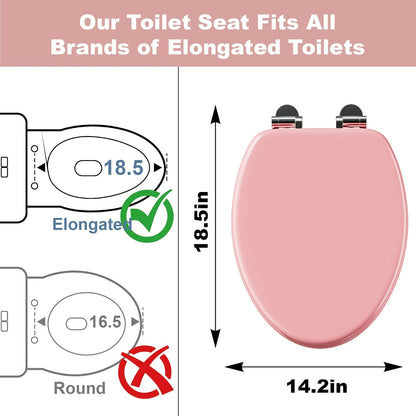 Elongated Slow Close Wood Toilet Seat, Pink Wooden Toilet Seat with Baked Enamel Finish Support 400 lbs, Oval Toilet Lid with Soft Close Chrome Hinges and Grip-Tight Bumpers, Easy to Clean and Install