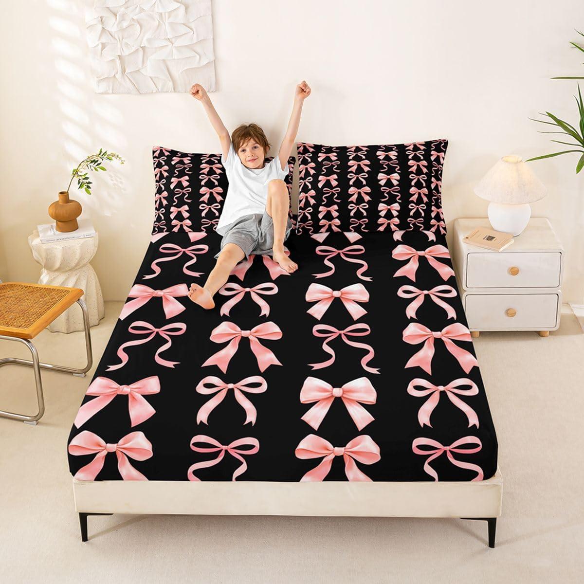 Feelyou Bow Fitted Sheet Queen Size for Kids Boys Girls Cute Kawaii Peach Pink Bowknot Bed Sheets Set 16" Deep Pocket Dreamy Princess Bow-tie Style Bedding with 2 Pillowcases Room Decor
