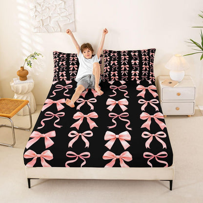 Feelyou Bow Fitted Sheet Queen Size for Kids Boys Girls Cute Kawaii Peach Pink Bowknot Bed Sheets Set 16" Deep Pocket Dreamy Princess Bow-tie Style Bedding with 2 Pillowcases Room Decor