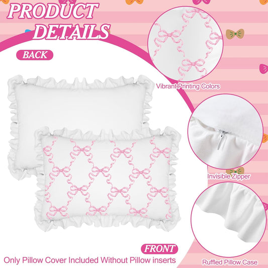 Fanfanwin Pink Bow Pillow Covers Set of 2 Christmas Ruffle Pillow Cases Coquette Pillowcase Sham Covers Cute Preppy Bow Pillows Decorative Girly Apartment Bedroom Room Decor 20 x 30''