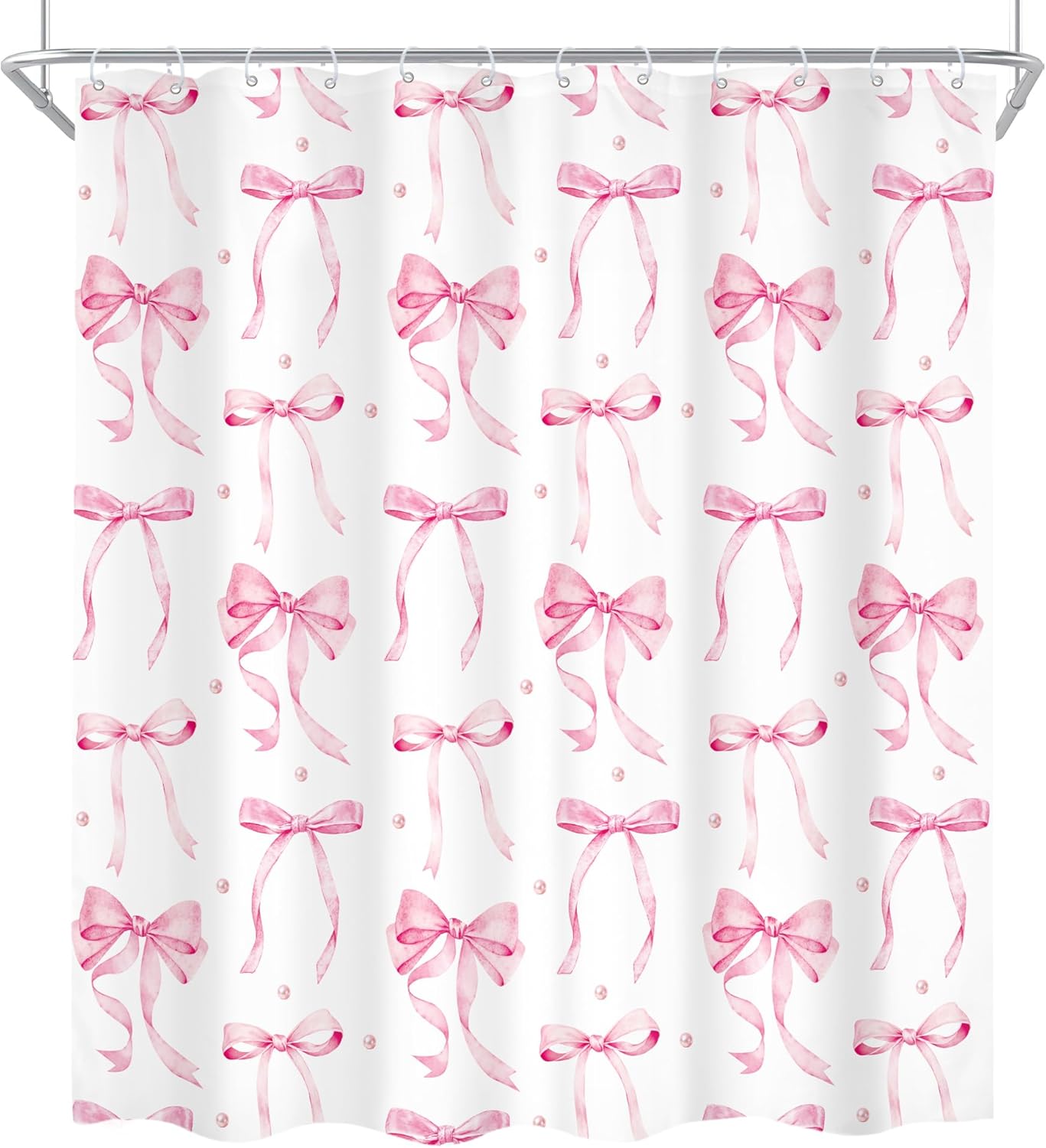 4Pcs Pink Bow Shower Curtain Set, Retro Coquette Vintage Girly Preppy Cute Fashion Pretty Sweet Bathroom Curtain with Rug, Toilet Lid Cover, Bath Mat, Aesthetic Shower Curtain with 12 Hooks