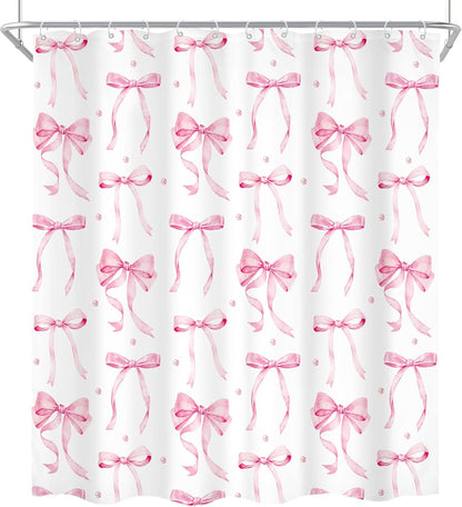 4Pcs Pink Bow Shower Curtain Set, Retro Coquette Vintage Girly Preppy Cute Fashion Pretty Sweet Bathroom Curtain with Rug, Toilet Lid Cover, Bath Mat, Aesthetic Shower Curtain with 12 Hooks