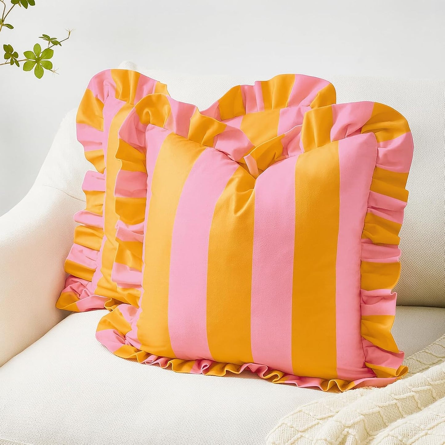 MONDAY MOOSE Decorative Throw Pillow Covers, Set of 2 Water-Resistant Striped Design with Ruffle Edge for Outdoor/Indoor Use, Pillow Inserts Not Included (22x22 inch, Light Pink/Honey)