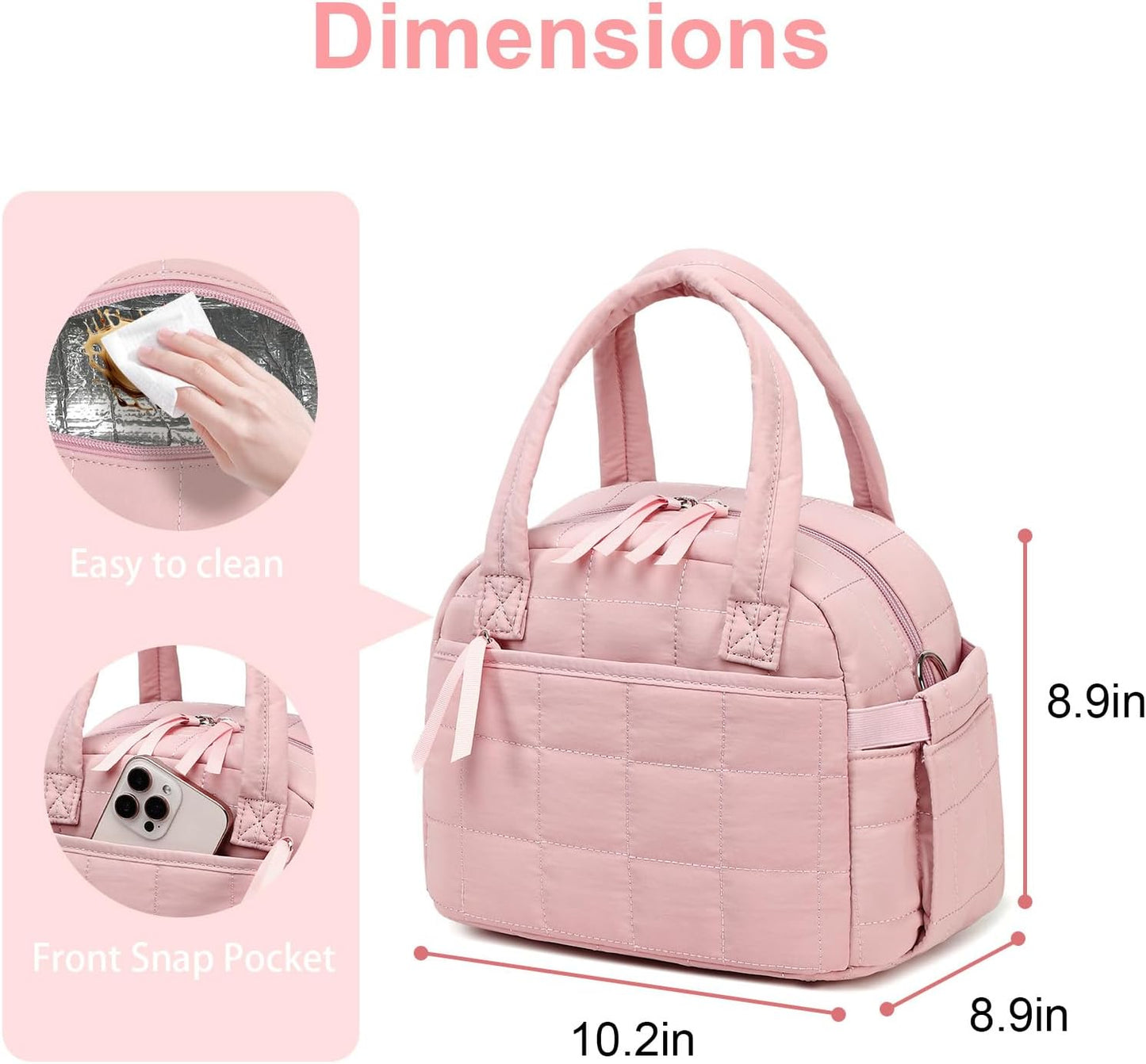 LEDAOU Lunch Box for Women Lunch bag Quilted Puffer Lunch Box with Adjustable Strap Insulated Reusable LunchBox for Work School Picnic Travel (Pink)