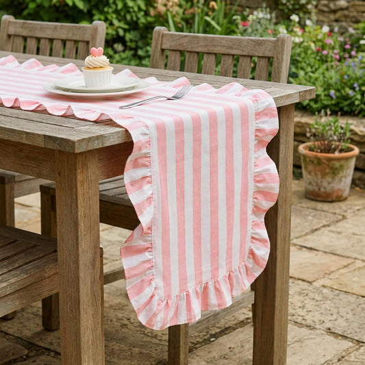 Tegeme Pink and White Stripe Ruffle Table Runner 100% Cotton Scalloped Table Runner for Home Dinner Birthday Party Decoration Baby Shower Dining Room Kitchen Decor (13"x72")