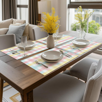 Artoid Mode Buffalo Plaid Vinyl Easter Placemats Set of 4, 12x18 Inch Washable Non-Slip Heat Resistant Plastic Place Mats for Party Dining Table, Pink/Blue