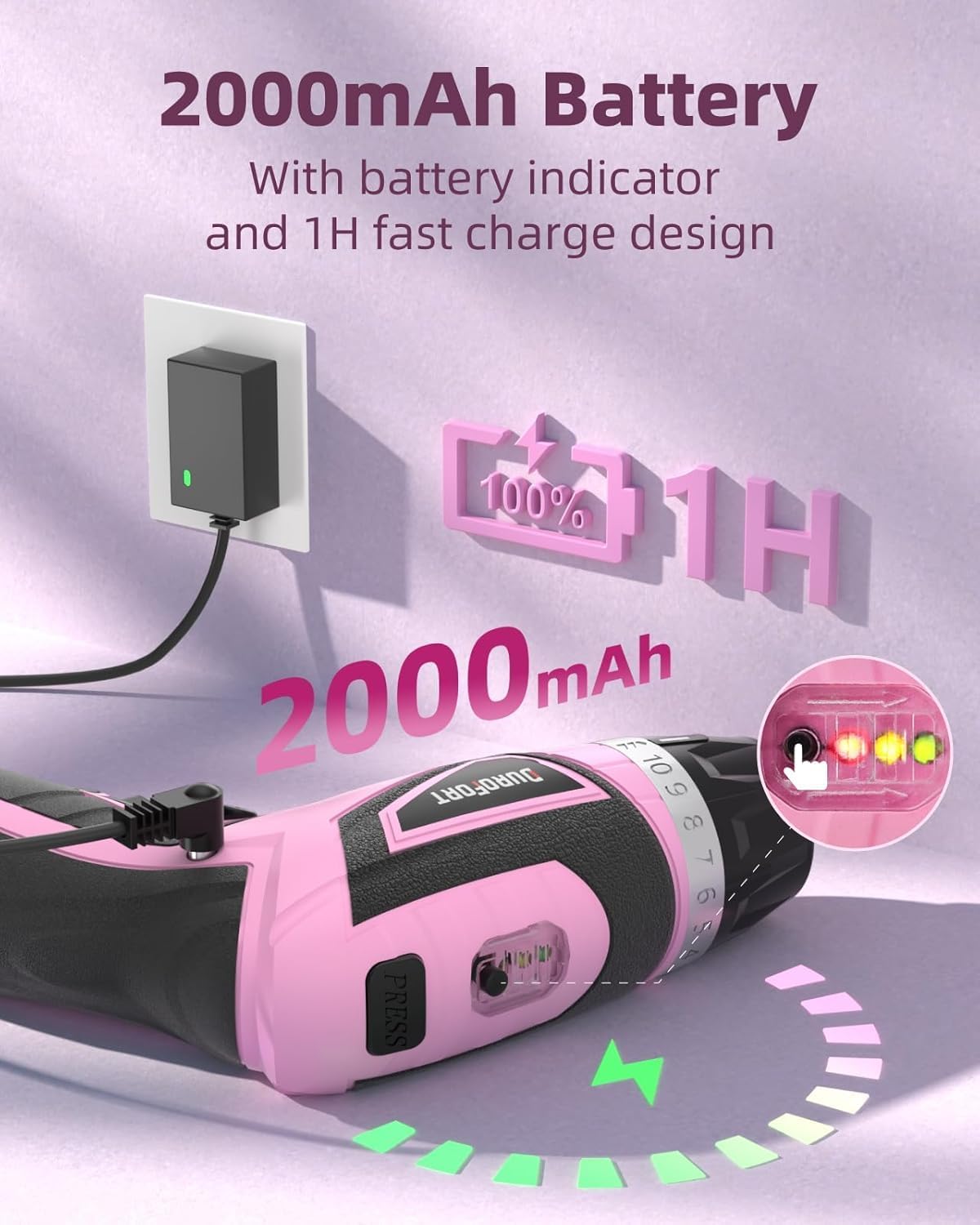DuroFort Cordless Electric Screwdriver Set, 8V 10Nm Rechargeable Power Electric Drill, Battery Screw Gun with Driver Bit, 320RPM/10+1 Torque, 2 Position Handle, Flexible Shaft LED Light (Pink, 39Pcs)