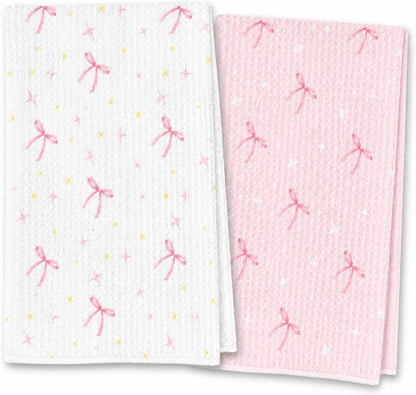 wuguimeii Coquette Pink Bow Decor Towels on Bathroom Kitchen - Pink Hand Towel Bathroom Accessories - Preppy Girly Decorations Dish Tea Towels 16x24 inches