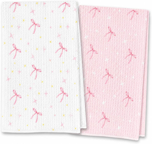 wuguimeii Coquette Pink Bow Decor Towels on Bathroom Kitchen - Pink Hand Towel Bathroom Accessories - Preppy Girly Decorations Dish Tea Towels 16x24 inches