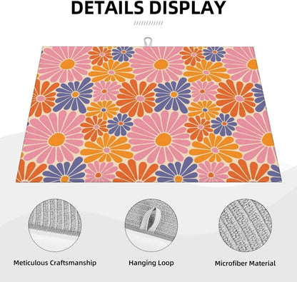 Daisy Flowers Dish Drying Mat for Kitchen Counter 18 x 24 inch Groovy Floral Dish Drainer Rack Mats with Hanging Loop Retro Daisies Dishes Drainer Pads Pink Purple Drying Pad for Countertop