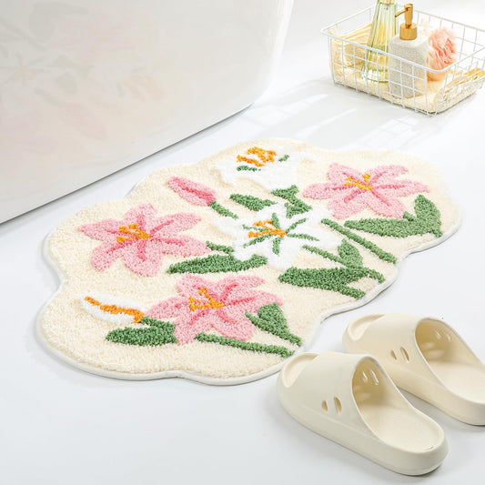 Cute Floral Bath Mat Modern Rug Quick Dry and Non Slip Machine Washable Bath Rug Soft Microfiber Carpet for Dining Room, Kitchen and Bedroom (31"x20", Pink Flowers)