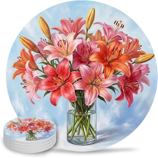 Coaster for Drinks 4 Pack,Watercolor Pink Lily Floral Absorbent Round Ceramic Stone with Cork Base,Flower Vase on Light Blue Drink Coaster Cup Mats for Home Dining Coffee Tables