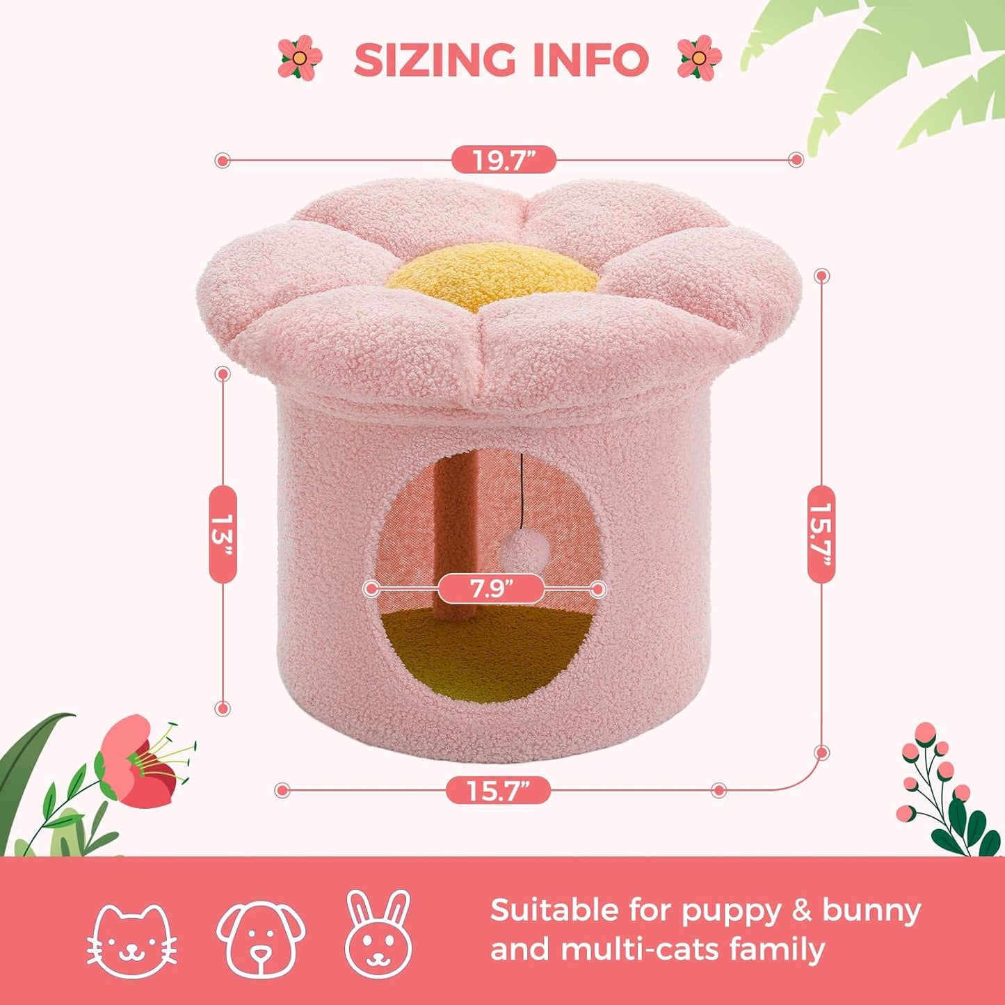 PETEPELA Cat Beds for Indoor Cats, Small Cute Cat Tree House with Removable Flower Cat Bed, Cat Hideaway, Indoor Cat House Condo, Cat Accessories, 20X20X16 Inches, Pink
