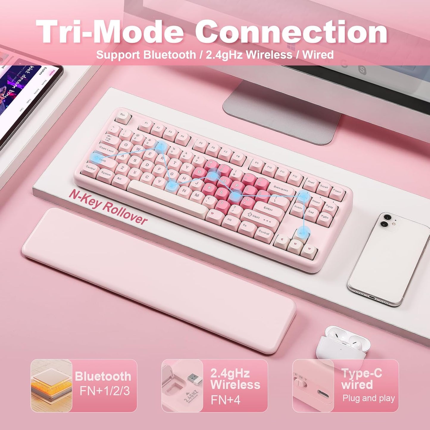 YUNZII B87 Wireless Mechanical Keyboard,QMK/VIA Programmable,TKL Layout 87 Keys,BT/2.4G/USB-C,Hot Swap Gasket Mount RGB Backlit Gaming with Wrist Rest for Win/Mac (Pink, Milk V2)
