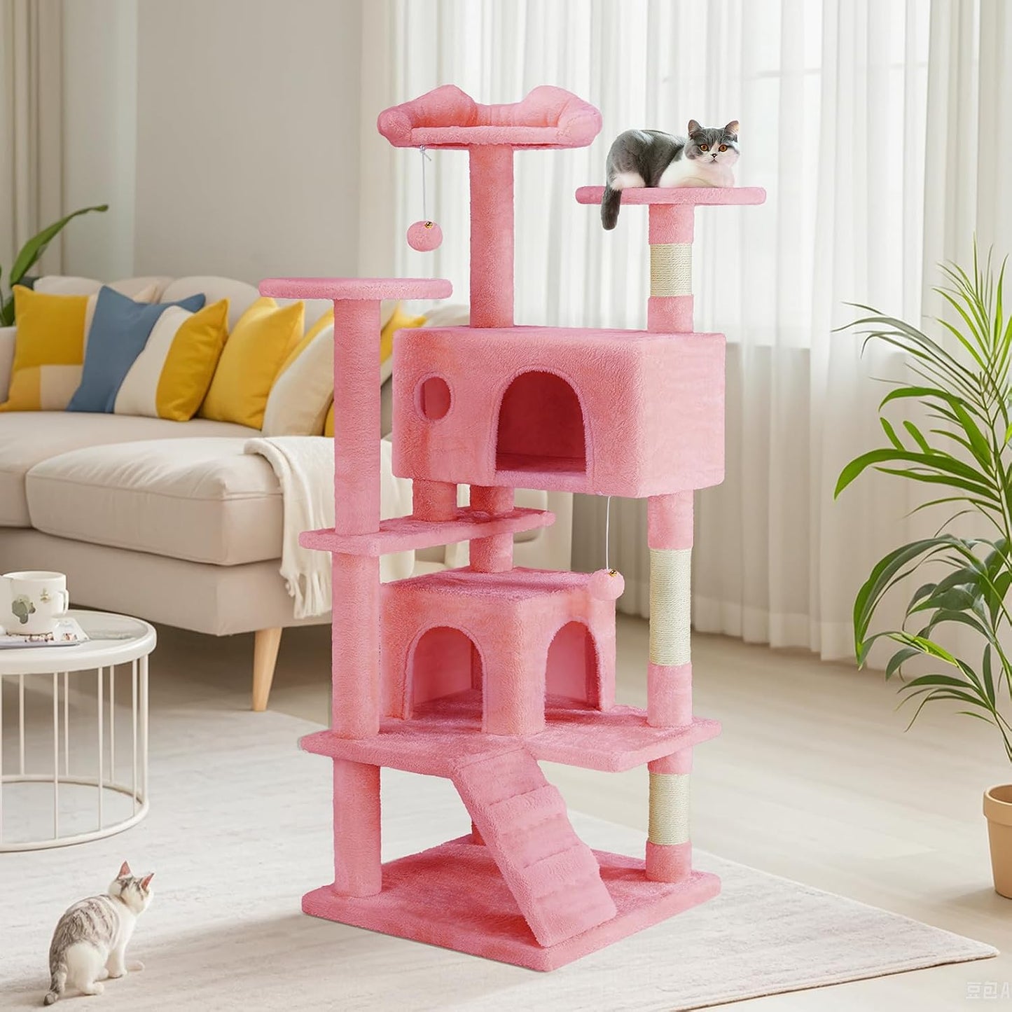 DUMOS 54-inch Indoor Cat Tree Tower –Multi-Level Pet House for Large Cats with 2 Condos, Scratching Posts, Round Platform, Small Ladder, and Toys, Pink