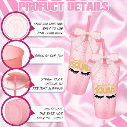 Reallnaive 6 Pcs Pink Sleepover Party Supplies for Girls Slumber Sleepover Squad Cups with Lid Straw and Twist Bow 24 oz Slumber Plastic Tumblers for Spa Pajama Birthday Party Favors Supplies