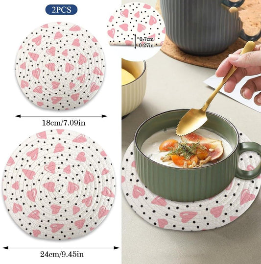 Cotton Trivets Mats Set of 2, Light Pink Heart Large Trivets Set for Hot Pots and Pans, Pot Holders Protector Kitchen Essentials for Cooking and Baking