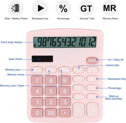 Desk Calculator, Envysun 12-Digit LCD Display Office Calculator – Dual Power, Compact and Lightweight, Easy-to-Read Display, Durable for Business, School, and Home (Pink)