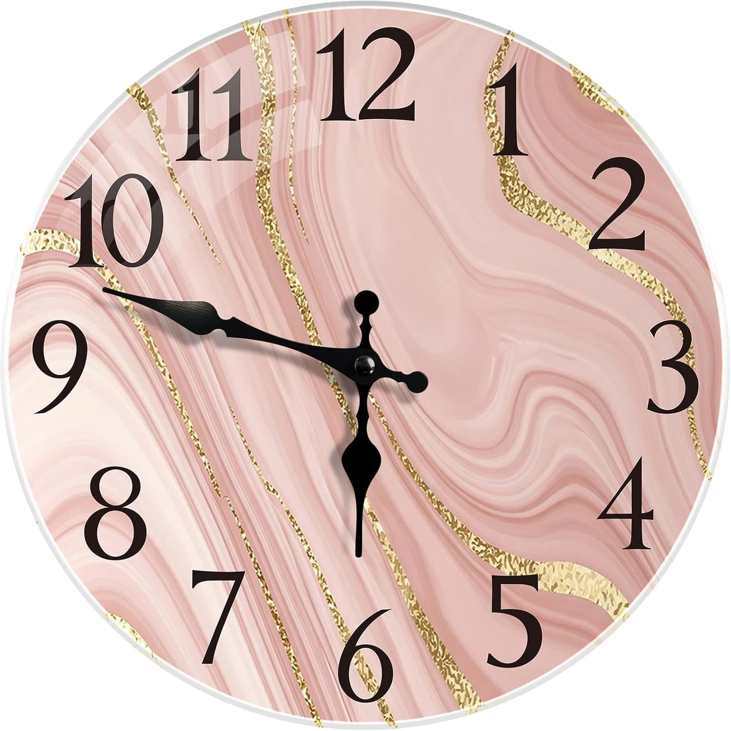 Britimes Round Wall Clock Silent Non-Ticking Battery Operated Outdoor Waterproof Glass Clock 12 Inch, Gold Pink Marble Home Decor for Living Room, Kitchen, Bathroom, Bedroom, and Office