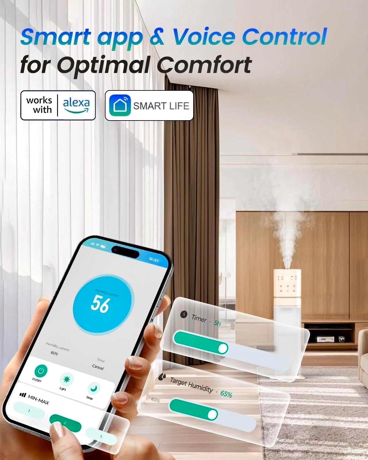 Humidifiers for Bedroom 2.1Gal/8L, Smart Humidifier for Large Room, Cool Mist Humidifiers for Home Kids Baby Plants, Top Fill Humidifier with Extension Tube, WIFI APP & Voice Control, Pink